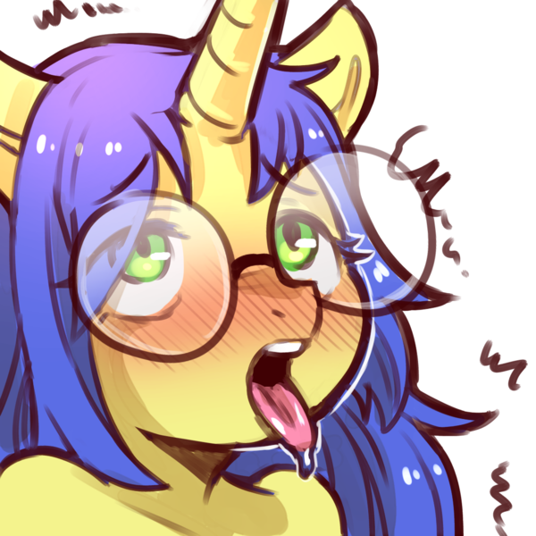 Size: 1159x1159 | Tagged: suggestive, artist:cold-blooded-twilight, derpibooru import, oc, oc:logical leap, unofficial characters only, unicorn, ahegao, bust, female, glasses, image, open mouth, png, solo, solo female, tongue out