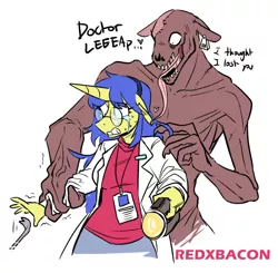 Size: 848x830 | Tagged: semi-grimdark, artist:redxbacon, derpibooru import, oc, oc:logical leap, unofficial characters only, anthro, anthro oc, clothes, crowbar, crying, female, flashlight (object), glasses, headband, image, lab coat, long tongue, male, monster, patreon, patreon reward, png, tongue out