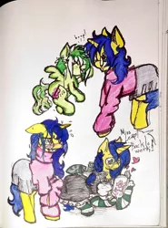 Size: 962x1298 | Tagged: safe, artist:deliriousdel, derpibooru import, oc, oc:katydid, oc:logical leap, unofficial characters only, pegasus, pony, unicorn, blushing, boop, clothes, glasses, image, jpeg, maid, reading, sketchbook, skirt, sweater, traditional art