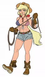 Size: 650x1115 | Tagged: suggestive, artist:king-kakapo, derpibooru import, applejack, human, 4th of july, abs, bedroom eyes, bikini, bikini top, boob freckles, boots, breasts, busty applejack, chest freckles, clothes, colored, cowboy boots, daisy dukes, female, flag bikini, flat colors, freckles, gloves, grin, holiday, humanized, image, jpeg, looking at you, muscles, muscular female, rope, shoes, shorts, shoulder freckles, simple background, smiling, smiling at you, solo, solo female, swimsuit, white background, wip