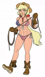 Size: 650x1115 | Tagged: suggestive, alternate version, artist:king-kakapo, derpibooru import, applejack, human, 4th of july, abs, bedroom eyes, bikini, boob freckles, boots, breasts, busty applejack, chest freckles, clothes, colored, cowboy boots, female, flag bikini, flat colors, freckles, gloves, grin, holiday, humanized, image, jpeg, looking at you, muscles, muscular female, rope, shoes, shoulder freckles, simple background, smiling, smiling at you, solo, solo female, swimsuit, white background, wip