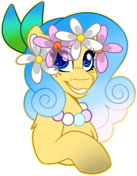 Size: 771x991 | Tagged: safe, artist:missbramblemele, derpibooru import, oc, earth pony, blue eyes, dirty hooves, feather in hair, flower, flower in hair, image, jewelry, lei, necklace, pearl necklace, png, simple background, transparent background, wavy mane