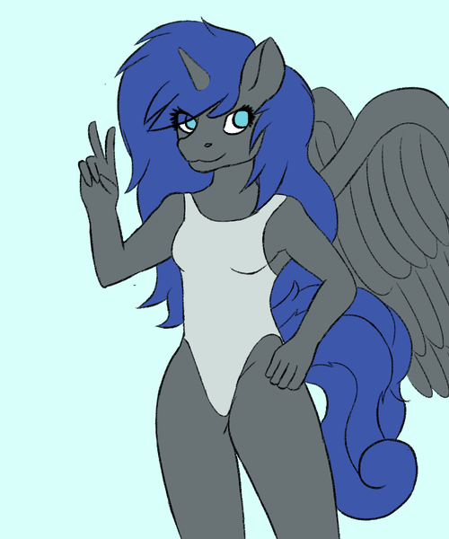 Size: 1000x1200 | Tagged: safe, alternate version, artist:quickcast, derpibooru import, oc, unofficial characters only, alicorn, anthro, alicorn oc, blue background, clothes, female, horn, image, one-piece swimsuit, peace sign, png, simple background, smiling, solo, swimsuit, wings