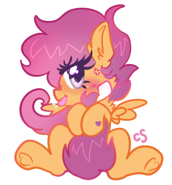 Size: 722x777 | Tagged: safe, artist:computershits, derpibooru import, scootaloo, pegasus, pony, :p, angry, bandage, blushing, cross-popping veins, ear fluff, female, filly, foal, frog (hoof), hoof heart, image, looking at you, png, prehensile tail, raspberry, simple background, sitting, solo, spread wings, tail, tail hold, tongue out, transparent background, underhoof, wings