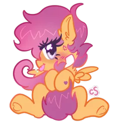 Size: 722x777 | Tagged: safe, artist:computershits, derpibooru import, scootaloo, pegasus, pony, :p, angry, bandage, blushing, cross-popping veins, ear fluff, female, filly, foal, frog (hoof), hoof heart, image, looking at you, png, prehensile tail, raspberry, simple background, sitting, solo, spread wings, tail, tail hold, tongue out, transparent background, underhoof, wings