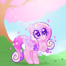 Size: 1500x1500 | Tagged: safe, artist:computershits, derpibooru import, princess cadance, butterfly, insect, pegasus, pony, bush, cherry blossoms, cloud, female, flower, flower blossom, flower in hair, grass, hill, hoof heart, hoof on chest, image, looking up, pegasus cadance, png, raised hoof, shiny eyes, sky, smiling, solo, sparkles, sparkly eyes, spread wings, tree, wingding eyes, wings, young cadance