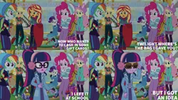 Size: 1280x720 | Tagged: safe, derpibooru import, edit, edited screencap, editor:quoterific, screencap, applejack, fluttershy, pinkie pie, rainbow dash, rarity, sci-twi, sunset shimmer, twilight sparkle, equestria girls, equestria girls series, holidays unwrapped, spoiler:eqg series (season 2), crossed arms, female, glasses, humane five, humane seven, humane six, image, jpeg, open mouth, open smile, ponytail, smiling, text, winter break-in