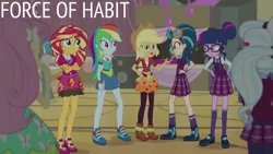 Size: 1280x720 | Tagged: safe, derpibooru import, edit, edited screencap, editor:quoterific, screencap, applejack, fluttershy, indigo zap, rainbow dash, sci-twi, sugarcoat, sunset shimmer, twilight sparkle, vinyl scratch, equestria girls, friendship games, applejack's hat, clothes, cowboy hat, crossed arms, female, friendship games bloopers, glasses, hairpin, hand on hip, hat, image, jpeg, magic capture device, male, open mouth, open smile, shoes, smiling, text