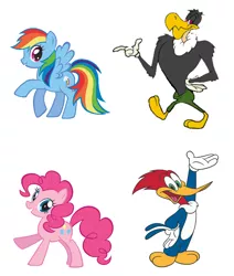 Size: 978x1152 | Tagged: safe, derpibooru import, edit, pinkie pie, rainbow dash, bird, buzzard, earth pony, pegasus, pony, buzz buzzard, clothes, crossover, cute, dashabetes, diapinkes, female, g4, gloves, image, male, mare, pants, png, simple background, the new woody woodpecker show, white background, woodpecker, woody woodpecker, woody woodpecker (series)