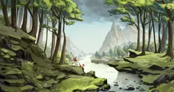 Size: 7144x3784 | Tagged: safe, artist:laymy, derpibooru import, autumn blaze, kirin, absurd resolution, female, forest, image, looking away, mountain, png, river, scenery, scenery porn, solo, tree, water