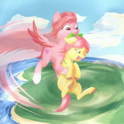 Size: 4096x4096 | Tagged: safe, artist:dealfell, derpibooru import, posey (g5), earth pony, pegasus, pony, my little pony: make your mark, duo, female, flying, g5, holding a pony, image, jpeg, mare, one eye closed, open mouth, poseywind, scared, windy (g5)