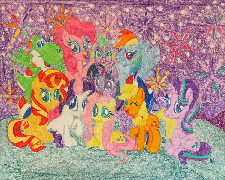 Size: 1280x1026 | Tagged: safe, artist:hunterz263, artist:justinvaldecanas, derpibooru import, applejack, fluttershy, pinkie pie, rainbow dash, rarity, spike, starlight glimmer, sunset shimmer, twilight sparkle, twilight sparkle (alicorn), alicorn, dragon, earth pony, pegasus, pony, unicorn, yoshi, 4th of july, cowboy hat, crossover, deviantart watermark, fireworks, flutteryoshi, hat, holiday, image, independence day, jpeg, looking at you, mane eight, mane seven, mane six, night, obtrusive watermark, one eye closed, open mouth, sky, smiling, super mario bros., traditional art, watermark, wink, winking at you, yoshilight