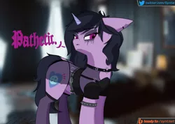 Size: 1464x1040 | Tagged: safe, alternate version, artist:syntiset, derpibooru import, izzy moonbow, pony, unicorn, my little pony: a new generation, alternate hair color, alternate hairstyle, bedroom eyes, belt, black lipstick, black mane, black tail, boosty, boosty link, boosty logo, chains, choker, clothes, collar, cutie mark, dock, dress, ear piercing, earring, eyebrows, eyebrows visible through hair, eyeshadow, female, fishnet clothing, g5, glow, glowing eyes, goth, goth izzy, goth pony, gothic, grey hair, horn, image, indoors, jewelry, lipstick, looking at you, makeup, mare, meta, multiple variants, necklace, panties, pantyhose, piercing, png, socks, solo, tail, text, thigh highs, torn clothes, twitter, twitter link, underwear, vulgar
