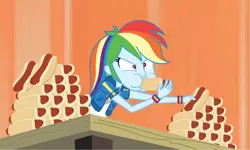 Size: 2500x1500 | Tagged: safe, derpibooru import, edit, edited screencap, screencap, rainbow dash, all's fair in love and friendship games, equestria girls, equestria girls series, friendship games, 4th of july, clothes, competitive eating, derpibooru exclusive, eating, eating contest, female, food, geode of super speed, holiday, hoodie, hot dog, image, jacket, magical geodes, meat, png, puffy cheeks, rainbow dash scarfing down wieners, sausage, shirt, solo, this will end in weight gain, wristband