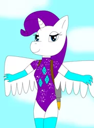 Size: 943x1280 | Tagged: safe, artist:bmigvjtdbhhb, derpibooru import, rarity, alicorn, anthro, alicornified, clothes, flying, image, jetpack, jpeg, leotard, race swap, raricorn, sky, sky background, smiling, spread wings, wings