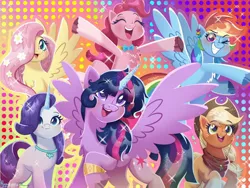 Size: 2048x1536 | Tagged: safe, artist:puyohh, derpibooru import, applejack, fluttershy, pinkie pie, rainbow dash, rarity, twilight sparkle, twilight sparkle (alicorn), alicorn, earth pony, pegasus, pony, unicorn, abstract background, bracelet, ear piercing, female, flower, flower in hair, g4, g4 to g5, g5, generation leap, hooves, image, jewelry, jpeg, mane six, mare, neck bow, necklace, open mouth, open smile, piercing, smiling, sparkles