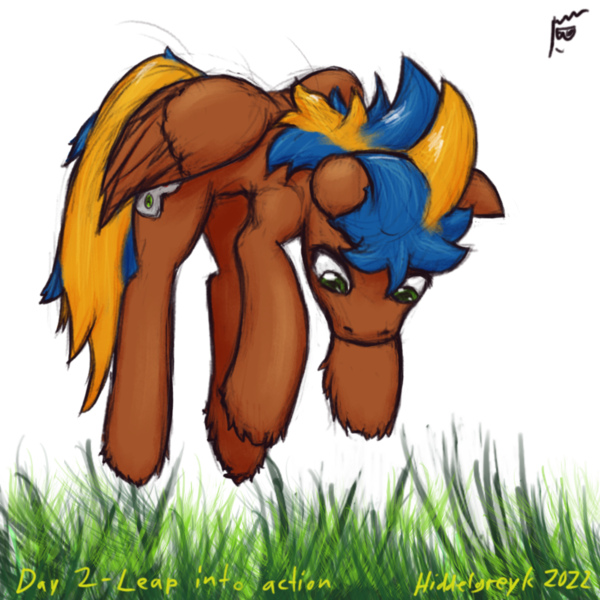 Size: 1000x1000 | Tagged: safe, artist:hiddelgreyk, derpibooru import, oc, unofficial characters only, pegasus, pony, airborne, behaving like a fox, blue mane, brown coat, cutie mark, grass, green eyes, image, jumping, male, newbie artist training grounds, pegasus oc, png, pounce, simple background, stallion, tail, touch grass, transparent background, two toned mane, two toned tail, wings