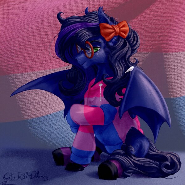 Size: 1198x1200 | Tagged: safe, artist:thatonegib, derpibooru import, oc, oc:shadow twinkle, unofficial characters only, bat pony, pony, bat pony oc, bat wings, bisexual pride flag, bow, clothes, commission, freckles, glasses, hair bow, hoodie, image, jpeg, pride, pride flag, sitting, socks, solo, striped socks, wings, ych result