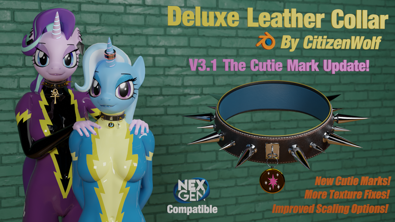 Size: 1920x1080 | Tagged: questionable, artist:citizenwolf, derpibooru import, starlight glimmer, trixie, anthro, 3d, advertisement, blender, blender cycles, breasts, brick wall, clothes, collar, costume, cuffs, dog tags, handcuffed, horn, horn ring, image, jewelry, latex, latex suit, magic suppression, nexgen, png, ring, shadowbolts costume, text, uniform, wonderbolts uniform