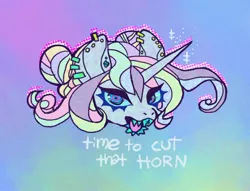 Size: 1010x773 | Tagged: safe, artist:mmyusoap, derpibooru import, oc, unofficial characters only, pony, bust, ear piercing, earring, horn, image, jewelry, jpeg, looking at you, open mouth, piercing, sharp teeth, solo, teeth