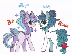 Size: 771x586 | Tagged: safe, artist:mmyusoap, derpibooru import, oc, oc:bun, oc:poison blue, unofficial characters only, earth pony, pony, unicorn, butt, duo, duo female, ear piercing, earring, female, horn, image, jewelry, jpeg, looking at you, looking back, looking back at you, mare, open mouth, piercing, plot, sharp teeth, simple background, sparkles, teeth, white background