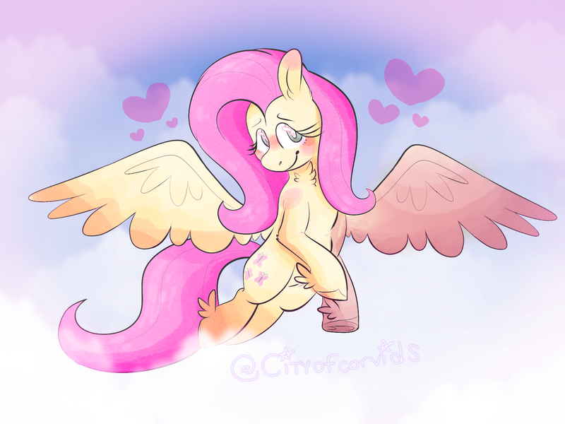 Size: 1280x960 | Tagged: safe, artist:cityofcorvids, derpibooru import, fluttershy, pegasus, pony, aside glance, blushing, chest fluff, cloud, feathered fetlocks, female, head turned, heart, image, looking at you, mare, png, sideways glance, sky background, smiling, smiling at you, solo, spread wings, wings