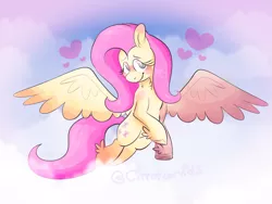 Size: 1280x960 | Tagged: safe, artist:cityofcorvids, derpibooru import, fluttershy, pegasus, pony, aside glance, blushing, chest fluff, cloud, feathered fetlocks, female, head turned, heart, image, looking at you, mare, png, sideways glance, sky background, smiling, smiling at you, solo, spread wings, wings