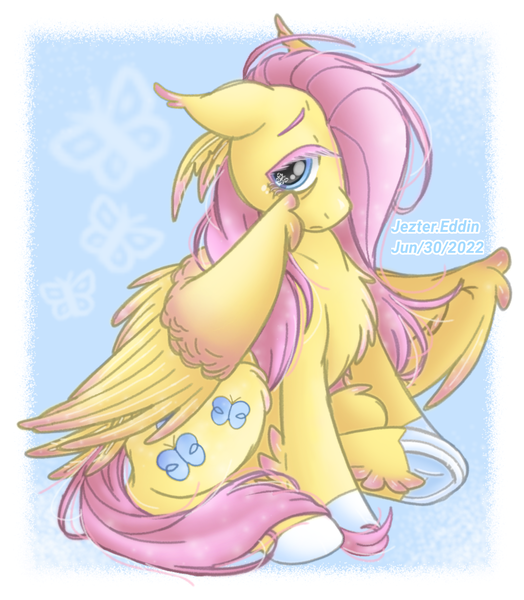 Size: 1200x1374 | Tagged: safe, artist:jeztereddin, derpibooru import, fluttershy, pegasus, pony, abstract background, aside glance, chest fluff, colored eyelashes, colored hooves, ear tufts, feather in hair, feathered fetlocks, female, floppy ears, fluffy, hair over one eye, image, looking at you, mare, partially open wings, png, sideways glance, sitting, solo, stray strand, three quarter view, wings