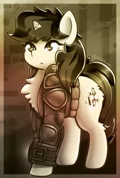 Size: 809x1200 | Tagged: safe, artist:llametsul, derpibooru import, oc, oc:blackjack, pony, unicorn, fallout equestria, fallout equestria: project horizons, atg 2022, butt fluff, chest fluff, clothes, fanfic art, female, image, mare, monochrome, newbie artist training grounds, png, signature, solo