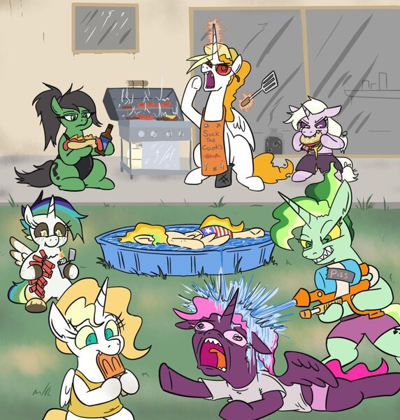 Size: 910x954 | Tagged: safe, artist:jargon scott, derpibooru import, oc, oc:anon-mare, oc:dyx, oc:dyxkrieg, oc:dyxogee, oc:dyxzala, oc:gaia, oc:gelee, oc:okie dokey loki, oc:syx, unofficial characters only, alicorn, earth pony, pegasus, pony, unicorn, apron, beer bottle, bipedal, bottle, burger, clothes, dexterous hooves, eating, faic, family, female, filly, firecracker, foal, food, grill, half-siblings, hoof hold, image, jar, jpeg, kiddie pool, lighter, magical lesbian spawn, mare, meat, multiple parents, offspring, one-piece swimsuit, open mouth, parent:oc:apogee, parent:oc:dyx, parent:oc:filly anon, parent:oc:luftkrieg, parent:oc:nyx, parent:oc:zala, parents:oc x oc, ponies eating meat, popsicle, product of incest, sharp teeth, siblings, sisters, spatula, super soaker, swimsuit, teeth, traditional art, unusual pupils