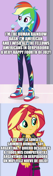 Size: 500x1649 | Tagged: safe, derpibooru import, edit, edited screencap, screencap, rainbow dash, sunset shimmer, equestria girls, equestria girls series, 4th of july, argentina, comic, holiday, human sunset, image, png, screencap comic, spanish, translated in the description, united states