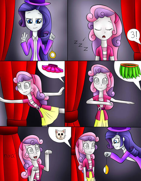 Size: 1280x1648 | Tagged: safe, artist:jerrydestrtoyer, derpibooru import, rarity, sweetie belle, human, ballet, behaving like a cat, hula dance, humanized, hypnosis, hypnotized, image, jpeg, magician outfit, pocket watch, sleeping, stage hypnotist, swirly eyes