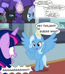 Size: 2705x3076 | Tagged: safe, artist:badumsquish, derpibooru import, ocellus, trixie, twilight sparkle, alicorn, changeling, pony, unicorn, 2 panel comic, alicornified, alley, bag, big no, canterlot, canterlot castle, comic, crown, cutie mark, derpibooru exclusive, dialogue, disguise, disguised changeling, duo, evil grin, fangs, grin, hood, hooded cape, image, jewelry, magic, money, money bag, palace, png, prank, pre changedling ocellus, race swap, regalia, screaming, show accurate, smiling, spread wings, telekinesis, trixiecorn, trollxie, waving, wings
