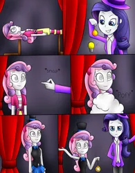 Size: 1280x1645 | Tagged: safe, artist:jerrydestrtoyer, derpibooru import, rarity, sweetie belle, comic, hypnosis, hypnotized, image, jpeg, magician outfit, outfit change, pocket watch, stage hypnotist, swirly eyes, transformation