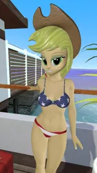 Size: 1080x1920 | Tagged: suggestive, artist:oatmeal!, derpibooru import, applejack, equestria girls, 3d, bikini, breasts, busty applejack, clothes, cowboy hat, flag, flag bikini, gmod, hat, image, legs together, looking at you, ocean, png, sexy, solo, stupid sexy applejack, swimsuit, water, wide hips