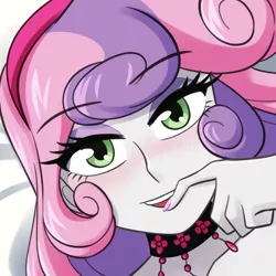 Size: 750x750 | Tagged: suggestive, alternate version, artist:riouku, derpibooru import, part of a set, sweetie belle, equestria girls, alternate character, bedroom eyes, biting, blushing, choker, commission, cropped, eyeshadow, female, finger bite, image, makeup, older, older sweetie belle, open mouth, png, solo, solo female