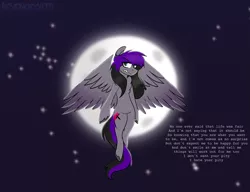 Size: 1901x1461 | Tagged: safe, artist:revenge.cats, derpibooru import, oc, oc:drizzling dasher, pegasus, pony, angry, colored wings, emo, flying, gradient wings, image, lyrics, moon, png, solo, stars, text, wings