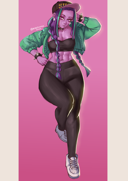 Size: 1754x2480 | Tagged: safe, artist:nire, derpibooru import, aria blaze, equestria girls, abs, alternate hairstyle, belly button, bra, bracelet, braid, breasts, cap, choker, cleavage, clothes, ear piercing, earring, eyeliner, eyeshadow, female, hat, image, jacket, jewelry, leggings, looking away, makeup, midriff, mole, piercing, png, shoes, solo, spiked wristband, underwear, wide hips, wristband