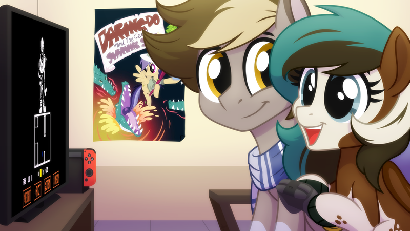 Size: 2560x1440 | Tagged: safe, artist:whitequartztheartist, derpibooru import, daring do, oc, pony, clothes, image, nintendo switch, playing video games, png, poster, scarf, undertale