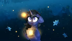 Size: 3840x2160 | Tagged: safe, artist:confetticakez, derpibooru import, oc, unofficial characters only, firefly (insect), insect, pony, unicorn, bush, female, flower, holding, image, jar, jpeg, mare, poison joke, solo