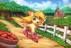 Size: 3000x2000 | Tagged: safe, artist:ask-colorsound, derpibooru import, oc, unofficial characters only, pegasus, apple, bow, fence, food, hair bow, image, jpeg, orchard, roller skates, rollerblades, smiling, solo, tree