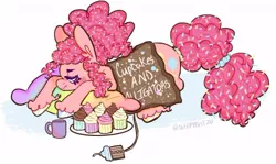 Size: 500x297 | Tagged: safe, artist:equestrianartneighseum, pinkie pie, earth pony, pony, alternate design, alternate hairstyle, back pain, candy, colored hooves, cup, cupcake, female, food, image, jpeg, lying down, mare, pillow, plate, ponytail, simple background, solo, sprinkles, sweets, twitterina design, unshorn fetlocks, white background