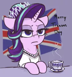 Size: 1875x2000 | Tagged: safe, artist:t72b, derpibooru import, starlight glimmer, pony, unicorn, 4th of july, british, clothes, cup, dress, female, floppy ears, historical roleplay starlight, holiday, image, jewelry, mare, necklace, pearl necklace, png, sitting, starlight glimmer is not amused, teacup, tiara, unamused, union jack