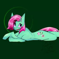 Size: 1280x1280 | Tagged: safe, derpibooru import, minty, earth pony, g3, green background, green skin, image, pink hair, png, purple eyes, simple background