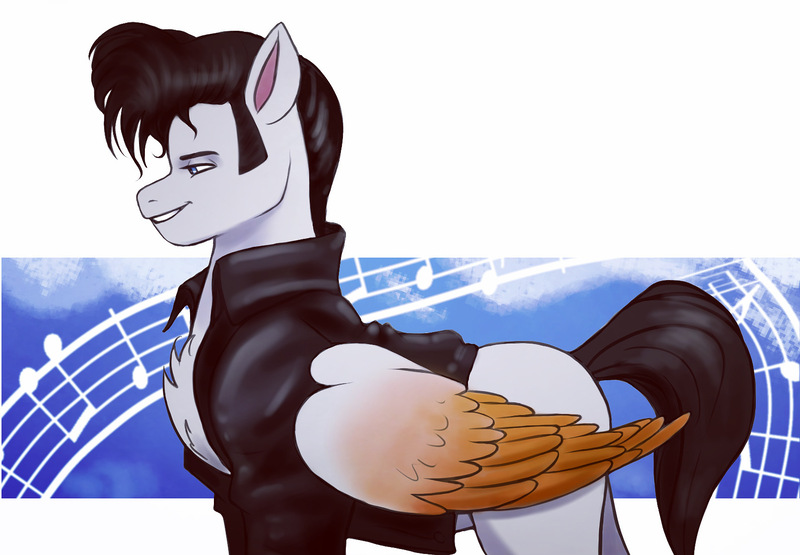 Size: 1612x1118 | Tagged: safe, artist:sallylla, derpibooru import, ponified, pegasus, pony, 1960s, 60s, bangs, chest fluff, clothes, colored wings, elvis presley, eyebrows, folded wings, g5, greaser, image, jacket, jpeg, leather jacket, lidded eyes, male, messy mane, multicolored wings, open clothes, reference, side view, simple background, smiling, solo, stallion, tail, teeth, wings