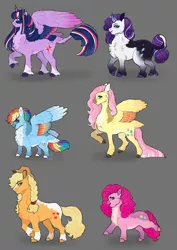 Size: 1000x1414 | Tagged: safe, artist:theartfox2468, applejack, fluttershy, pinkie pie, rainbow dash, rarity, twilight sparkle, alicorn, earth pony, pegasus, pony, unicorn, alternate design, blaze (coat marking), braid, braided pigtails, chest fluff, colored ears, colored hooves, colored wings, curved horn, facial markings, female, fluffy, gradient hooves, gradient wings, gray background, height difference, horn, image, jpeg, leonine tail, mane six, mare, multicolored hair, multicolored wings, neck fluff, rainbow wings, redesign, simple background, smiling, socks (coat marking), standing, tail feathers, twitterina design, unshorn fetlocks, wings