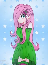 Size: 768x1024 | Tagged: safe, artist:bloodyneckdemon, derpibooru import, fluttershy, human, breasts, busty fluttershy, cleavage, clothes, dress, female, hair over one eye, humanized, image, jewelry, jpeg, necklace, socks, solo, stars, stockings, thigh highs