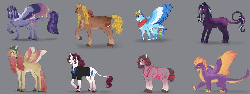 Size: 1991x746 | Tagged: safe, artist:theartfox2468, applejack, fluttershy, pinkie pie, rainbow dash, rarity, spike, starlight glimmer, twilight sparkle, alicorn, dragon, earth pony, feathered dragon, pegasus, pony, unicorn, alternate cutie mark, alternate design, bandana, blaze (coat marking), braid, braided pigtails, clothes, coat markings, colored hooves, colored wings, colored wingtips, facial markings, glasses, goggles, gradient hooves, gray background, hat, image, jpeg, leonine tail, mane eight, mane seven, mane six, multicolored wings, redesign, simple background, standing, twitterina design, wings