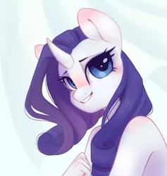 Size: 1002x1055 | Tagged: safe, artist:melodylibris, derpibooru import, rarity, anthro, pony, unicorn, bare shoulders, blushing, ear blush, female, grin, image, implied nudity, jpeg, looking at you, mare, smiling, smiling at you, solo