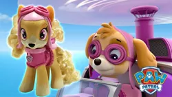 Size: 1280x720 | Tagged: safe, artist:mandapanda toy collector, artist:thegamerpainter, derpibooru import, oc, ponified, dog, pony, 3d, barely pony related, cockapoo, helicopter, image, jpeg, logo, paw patrol, photo, puppy, simple background, sky, skye (paw patrol), solo, youtube, youtube link in the description